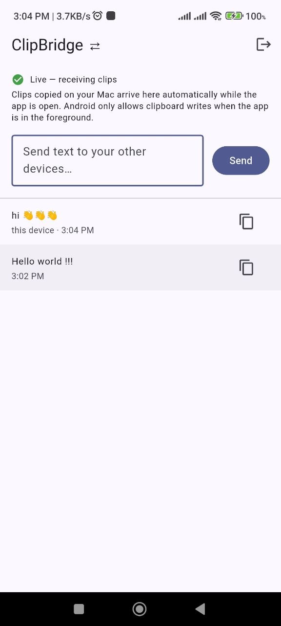 ClipBridge Android application receiving clips live and showing synchronized clip history