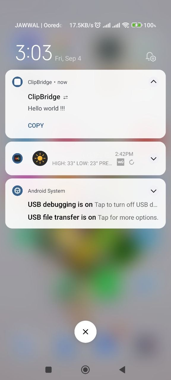 Android notification from ClipBridge with a one-tap copy action for a received clip