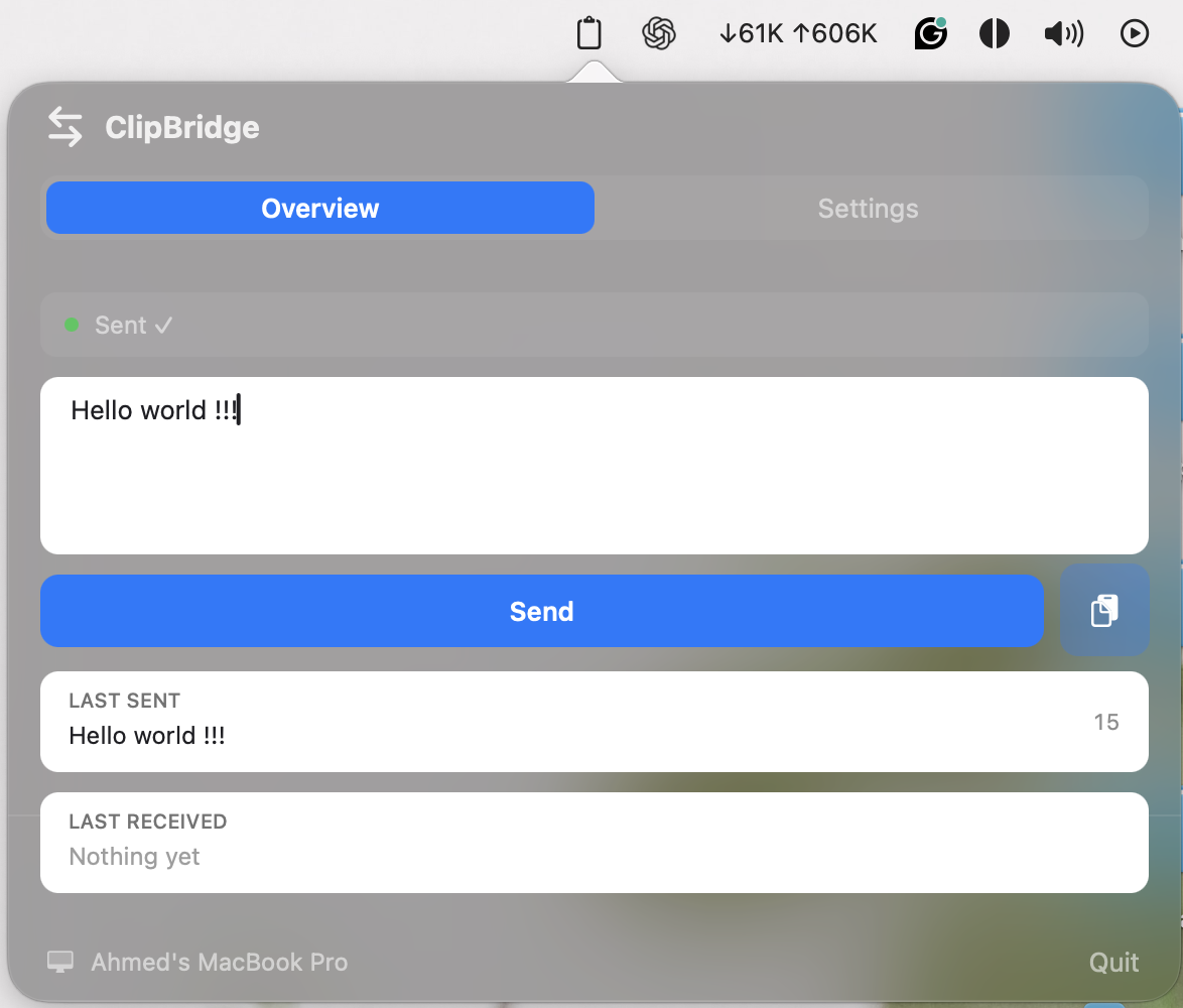 ClipBridge macOS menu bar app showing a successful Hello world clip transfer