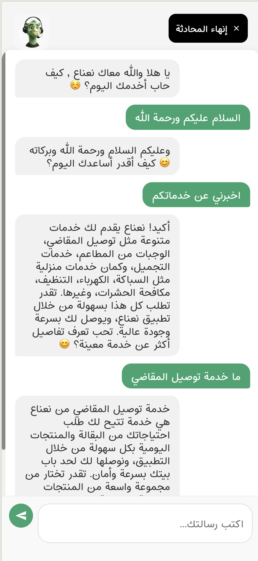Arabic conversation with the Nana AI assistant explaining grocery delivery and home services