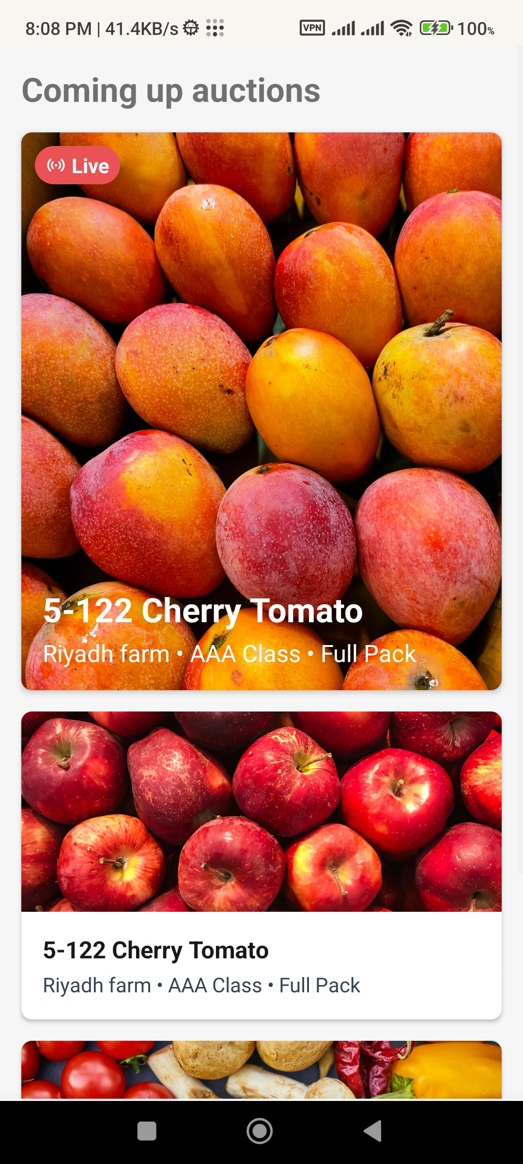 Nana Business upcoming-auctions screen showing live and scheduled produce lots
