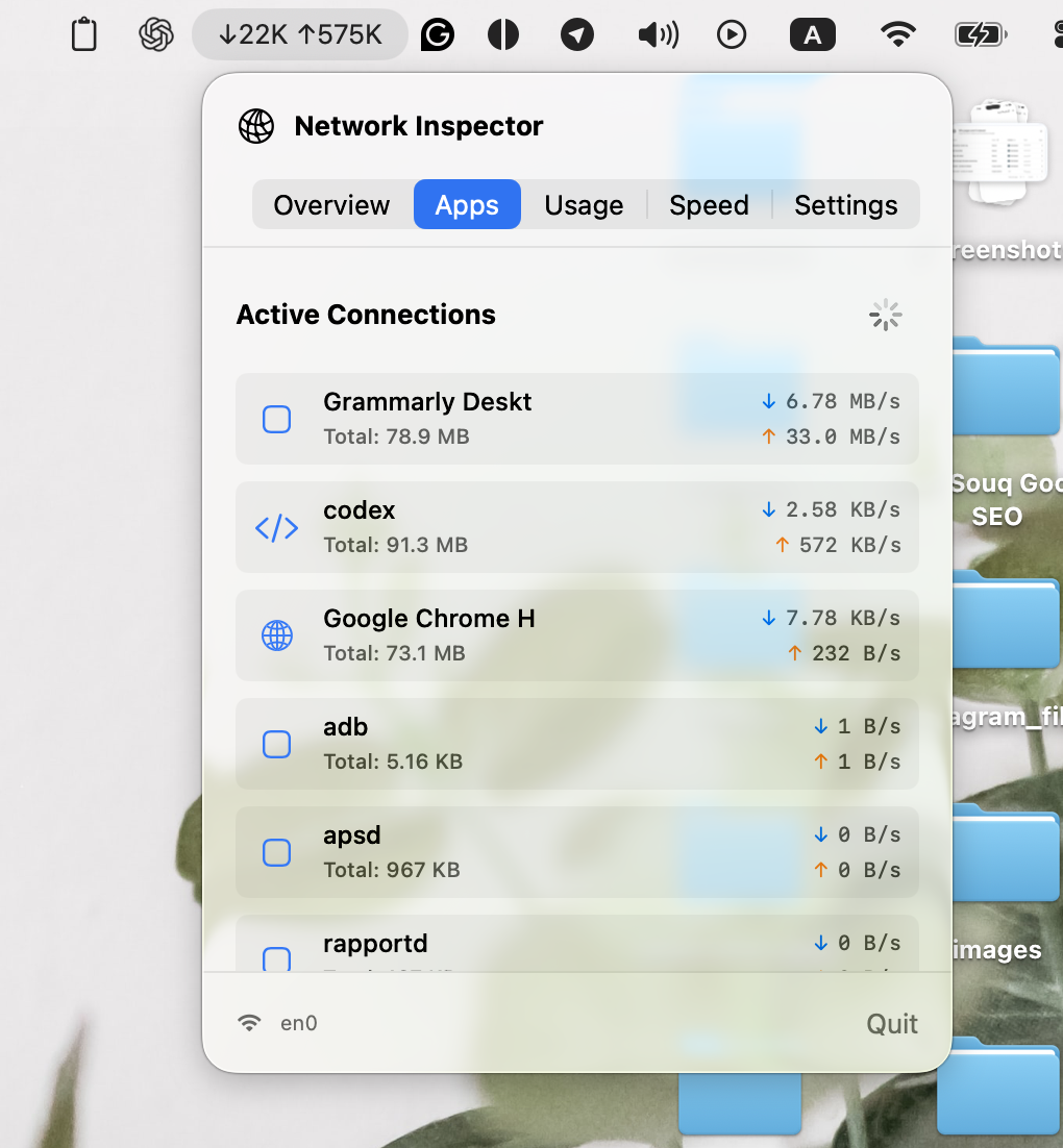 Network Inspector applications view listing active app connections and their download and upload traffic