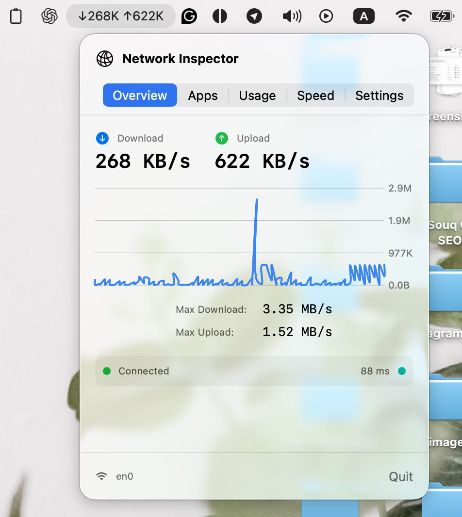 Network Inspector overview showing live download and upload rates, throughput history, connection state, and latency