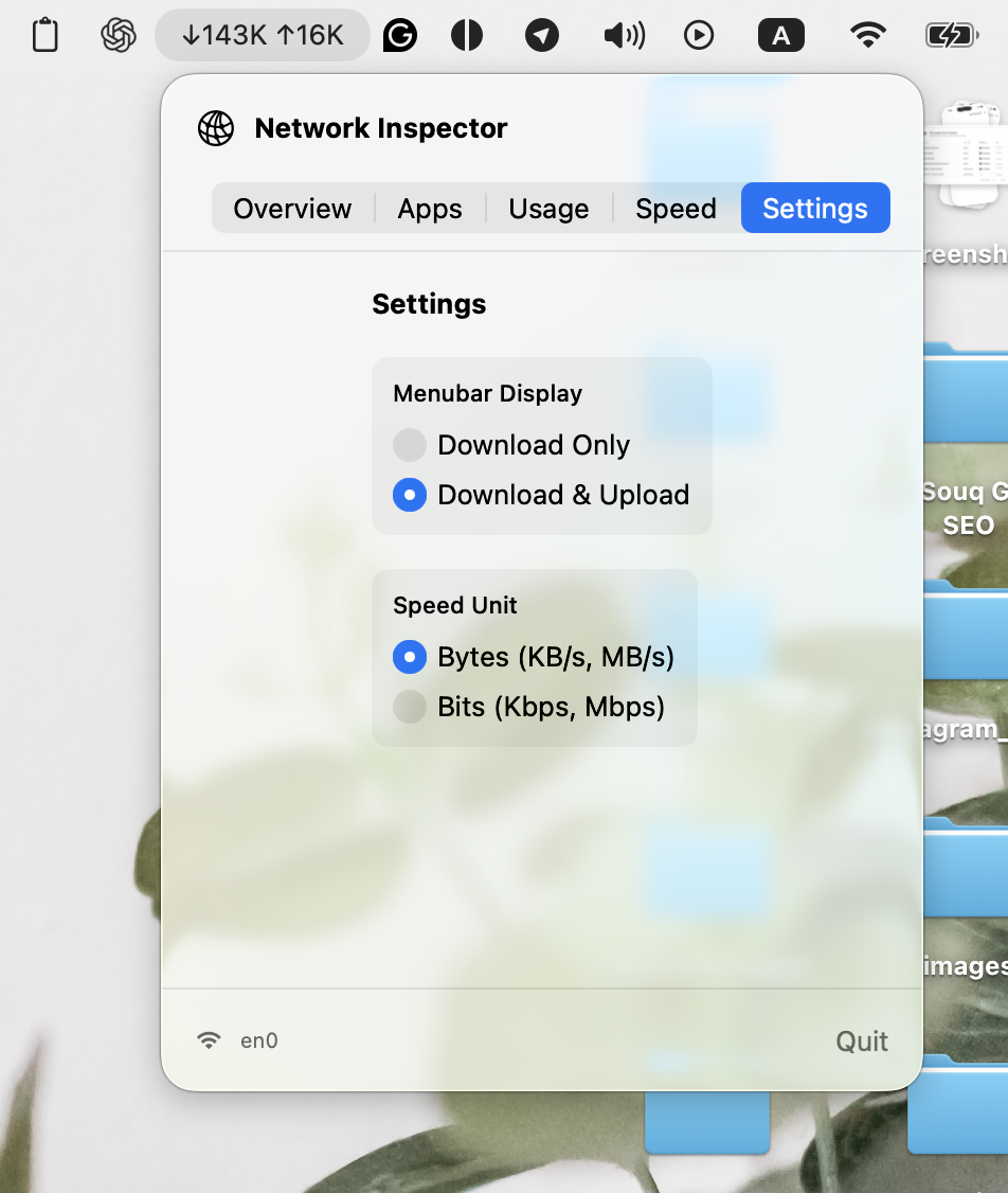 Network Inspector settings for menu bar download and upload display and network speed units