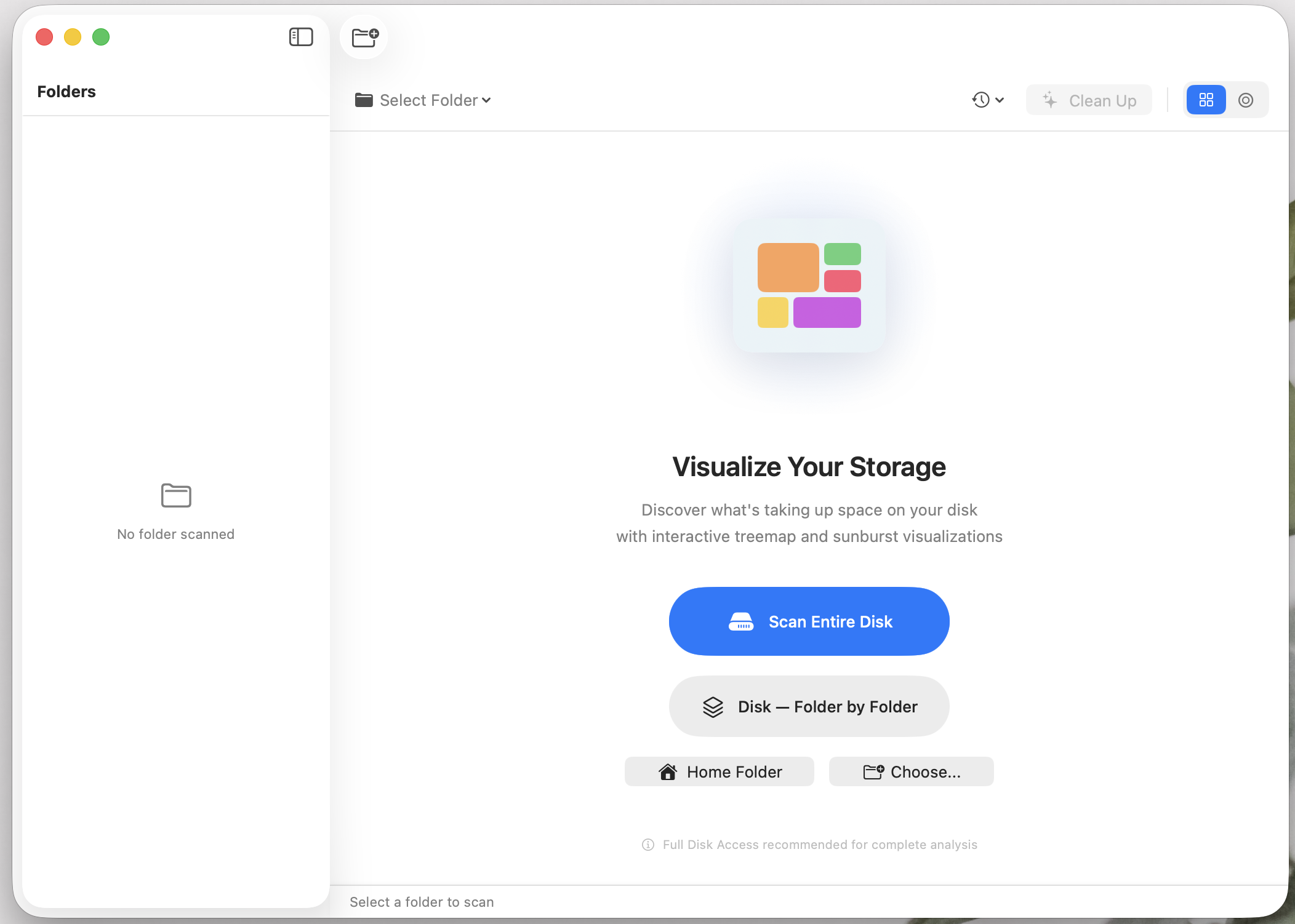 StorageMap macOS start screen offering a full-disk scan, folder-by-folder scan, home folder, and custom folder selection