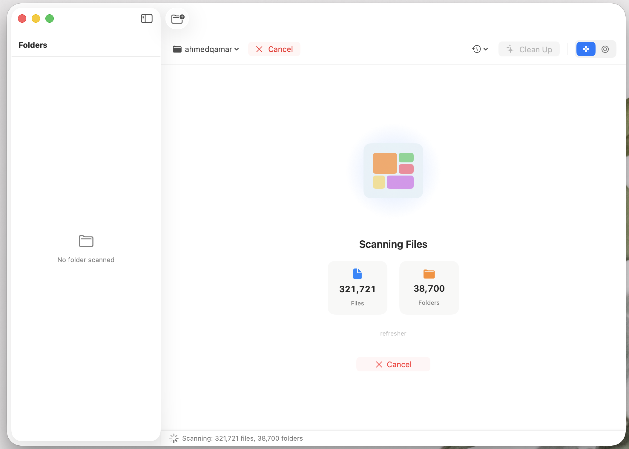 StorageMap macOS application scanning a large folder and reporting live file and folder counts